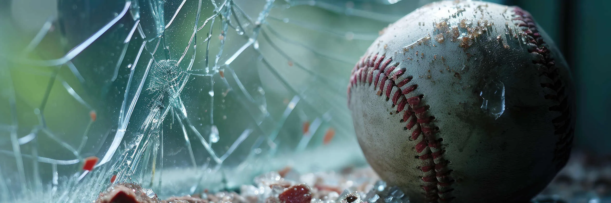 Broken window caused by baseball.