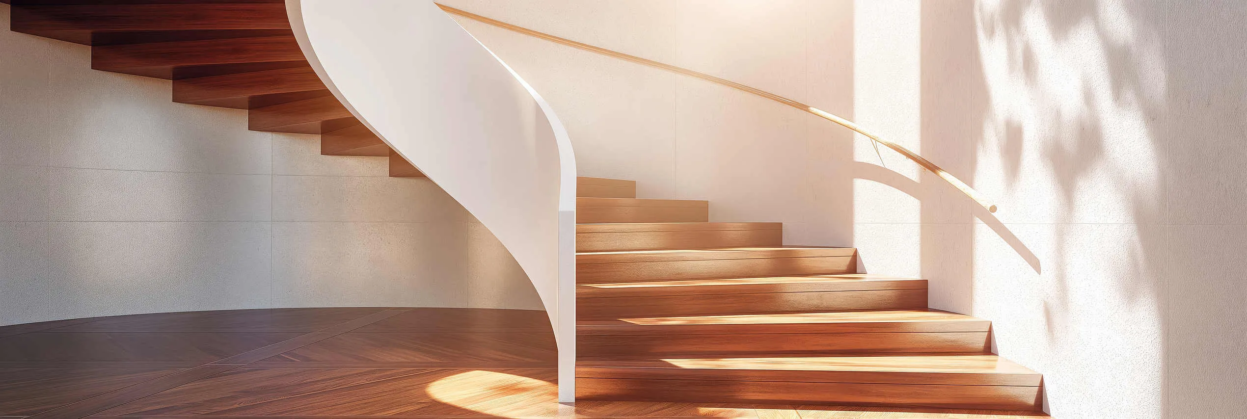 A contemporary wooden staircase with a curved design and sunlight pouring in