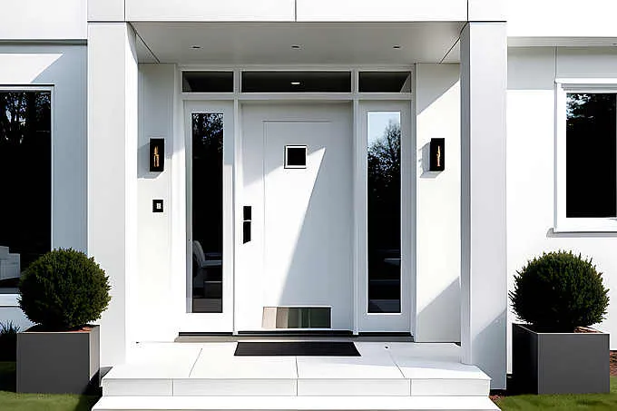 white front door leads cozy minimalist home modern touches sleek open layout design elements throughout interior space