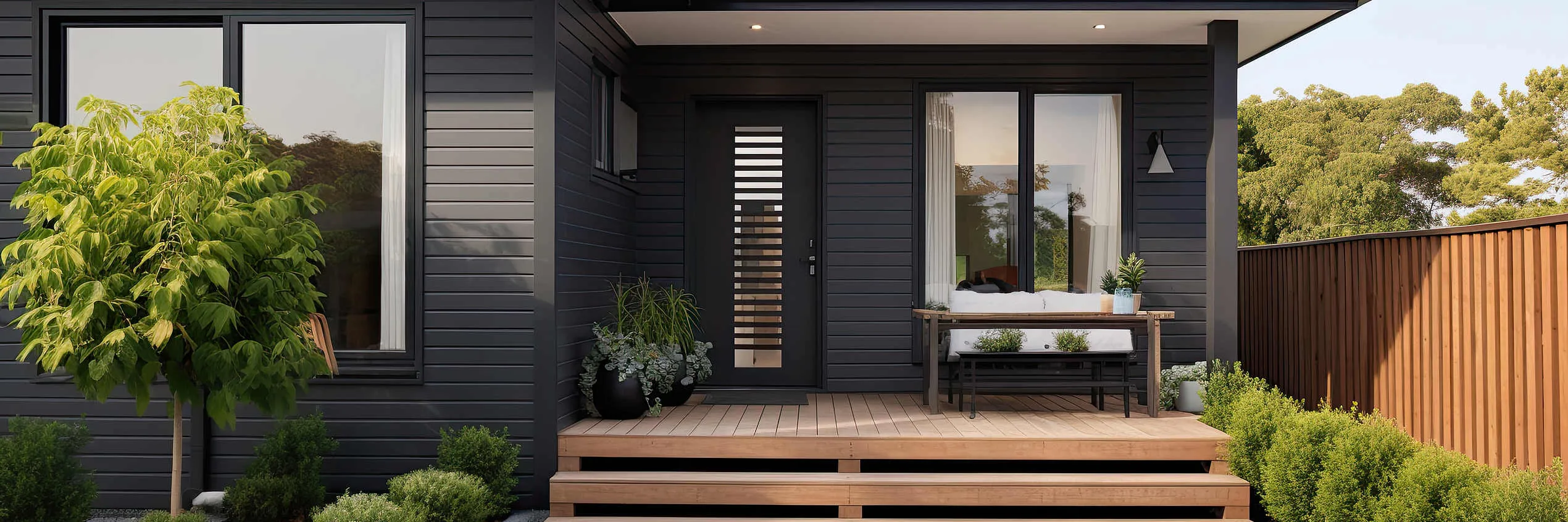 Modern comfortable house with porch stylish door paved yard and shuttered windows