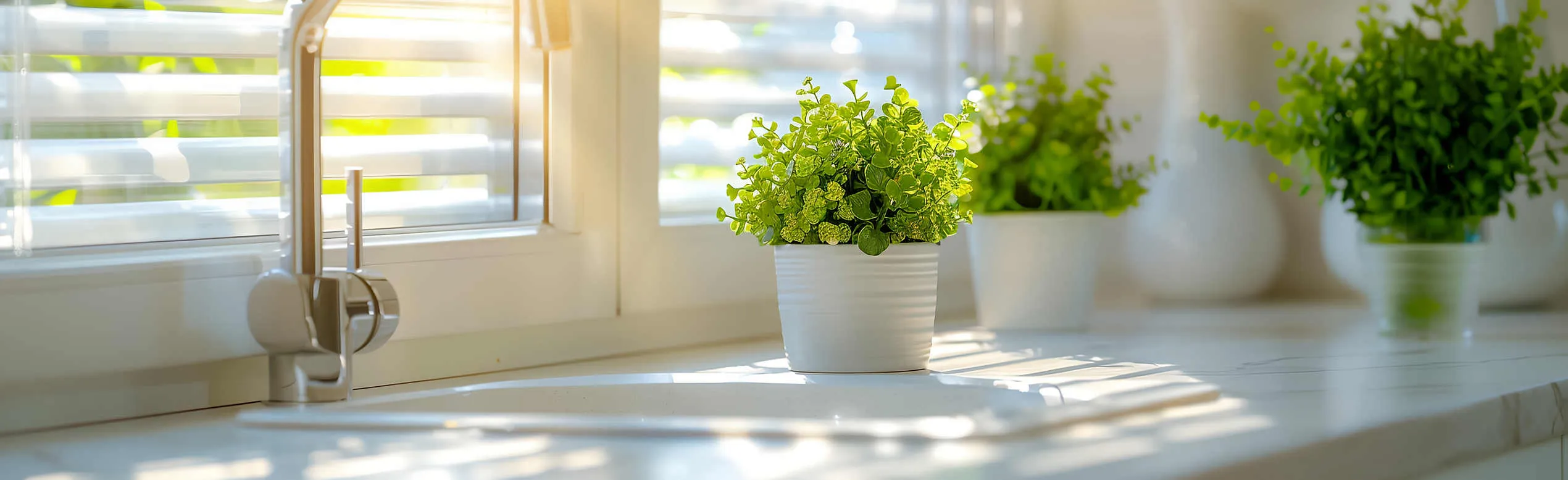 a window with blinds and a potted plant in it on a counter top