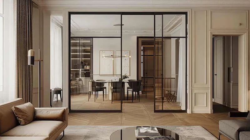 Vintage glass door and wood parquet in a chic open-plan interior